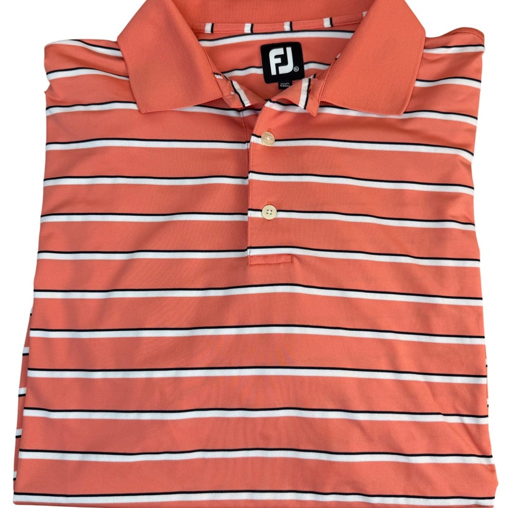 FJ FootJoy Mens Golf Polo Shirt Coral White Black Stripe‎ XL Short Sleeve